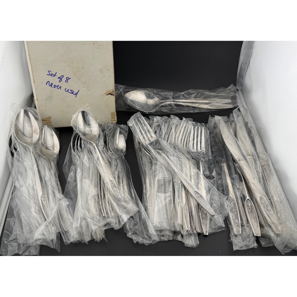 Vintage Stainless Flatware Set 50pc: Rose Textured Handle Service for 8, NEW